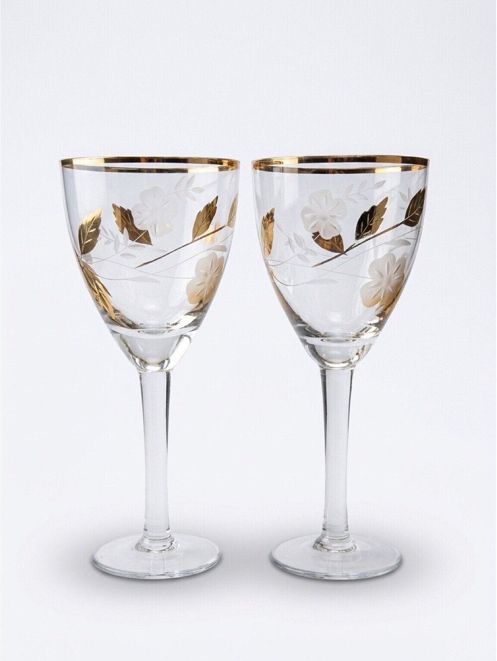 Vintage Gold Rim Wine Glasses Set of 2 Frosted Floral Etched Stemware 7"